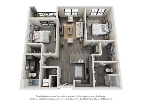 Floor plan for 2 beds, 2 baths, 1033 sqft